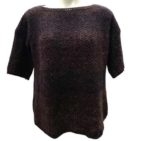 Elsamanda Womens Mohair Alpaca Short Sleeve Sweater Chunky Knit Boxy Wine Lurex - Picture 1 of 4